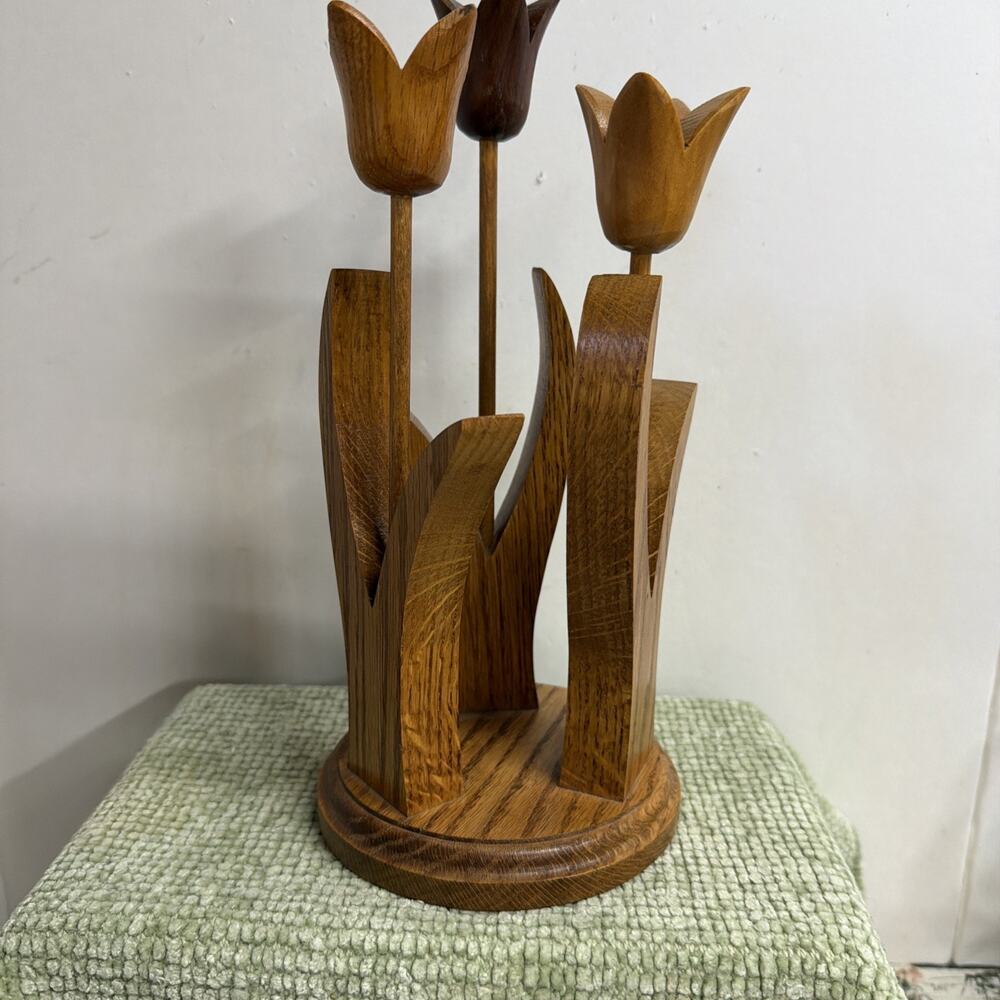 Hand-Carved All Wooden Tulip Sculpture 11 Inch Light Wood Finish Signed Veg